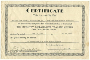 John Butanko's Infantry Training Certificate