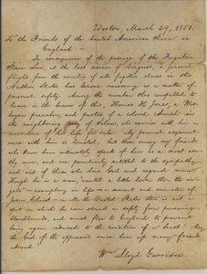 Letter written by Willliam Lloyd Garrison in 1851
