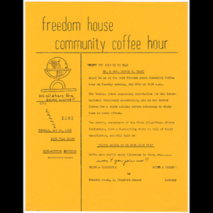 Flier advertising Freedom House Coffee Hour featuring Mr. and Mrs. George C. Grant of the International Missionary Association