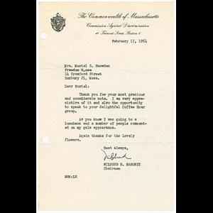 Letter from Mildred H. Mahoney, Chairman of the Massachusetts Committee Against Discrimination, to Muriel Snowden