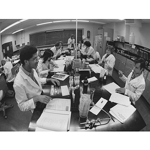 Students conduct experiments in a pharmacy class