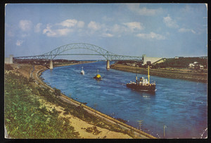Color photographic postcard of Cape Cod Canal and Sagamore Bridge, Cape Cod, Mass.