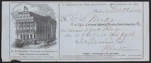 Receipt for Gleason's pictorial drawing-room companion, M.M. Ballou, publisher and proprietor, corner of Bromfield and Tremont Streets, Boston, Mass., dated December 28, 1854