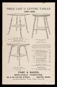 Price list of centre tables, Page & Baker, wholesale furniture, 88 & 90 Fulton Street, Boston, Mass.