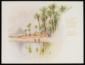 Trade card for Nestor Cigarettes, figures on a riverbank with palm trees, Nestor Gianaclis Company, Cairo, Boston, London, 1899