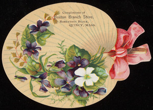 Trade card for Boston Branch Store, pharmacy, Robertson Block, Quincy, Mass., undated