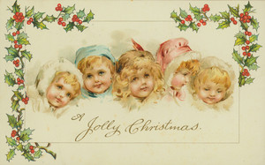 Christmas card, showing small children framed with holly, undated