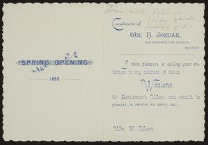 Invitation for Spring Opening, Wm. H. Jordan, 424 Washington Street, Boston, Mass., 1888