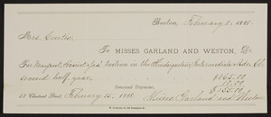 Check to Misses Garland and Weston, 52 Chestnut Street, Boston, Mass, dated February 8, 1888