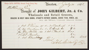 Billhead for John Gilbert, Jr. & Co., wholesale and retail grocers, No. 28 West, corner Mason Street, Boson, Mass., dated July 20, 1868