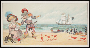 Trade card, couple at the seashore with birds and smugglers, Ketterlinus, Philadelphia, Pennsylvania, undated