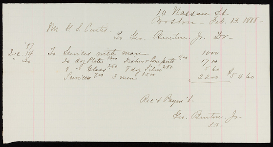 Billhead for Geo. Burton, Jr., Dr., tableware, 10 Nassau Street, Boston, Mass., February 13, 1888