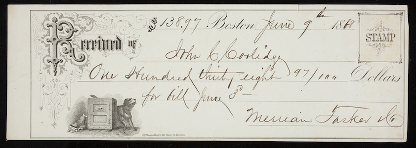 Receipt for Merriam, Tasker & Co., dry goods, 24 Otis Street, Boston, Mass., dated June 9, 1868