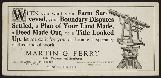 Trade card for Martin G. Ferry, civil engineer and surveyor, Manchester, New Hampshire, undated