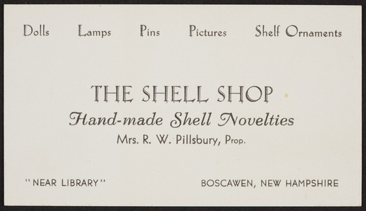 Trade card for The Shell Shop, hand-made shell novelties, Boscawen, New Hampshire, undated