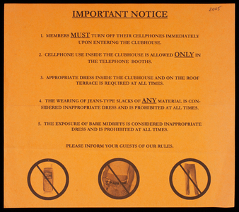 Important notice, clubhouse rules, location unidentified