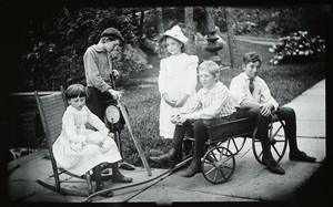 Group portrait of five unidentified children, Manchester, Mass., 1889