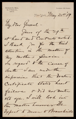 Charles G. Weir to Thomas Lincoln Casey, May 31, 1889