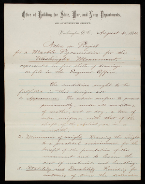 Notes on Project for a Marble Pyramidion for the Washington Monument, April 4, 1884