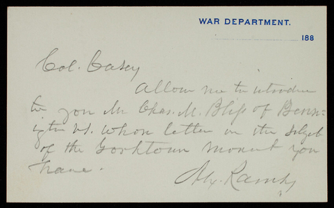 Alexander Ramsey to Thomas Lincoln Casey, undated [1880]