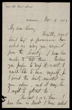 [William] P. Craighill to Thomas Lincoln Casey, November 9, 1887