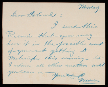 Bernard R. Green to Thomas Lincoln Casey, 1887