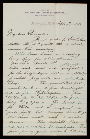 Bernard R. Green to Thomas Lincoln Casey, September 7, 1895