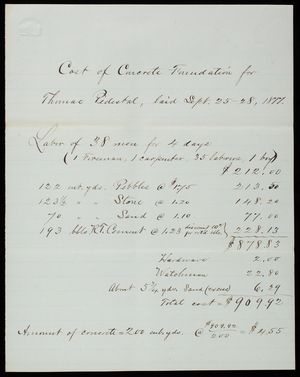 Cost of concrete foundation for Thomas Pedestal, September 28, 1877