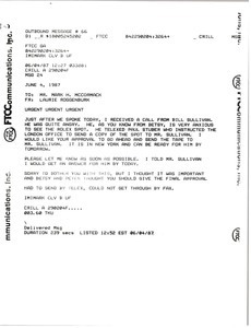 Telex printout from Laurie Roggenburk to Mark H. McCormack