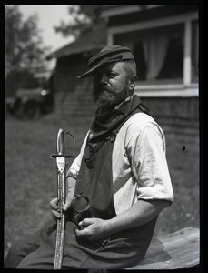 Charles Coffin, The Maine Hermit, wearing Grover Cleveland bandana, forage cap, and sword