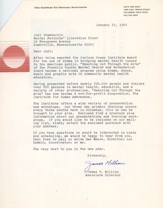 Letter from James N. Million to Judi Chamberlin