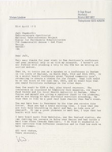 Letter from Vivien Lindow to Judi Chamberlin