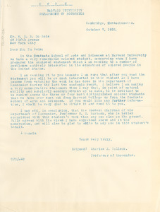Letter from Harvard University Department of Economics to W. E. B. Du Bois