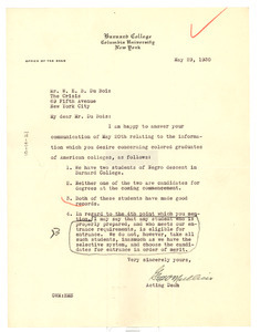 Letter from Barnard College to W. E. B. Du Bois