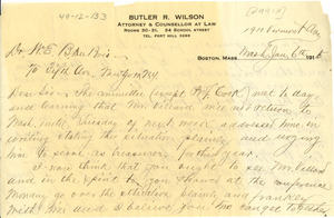Letter from Butler R. Wilson to W. E. B. Du Bois