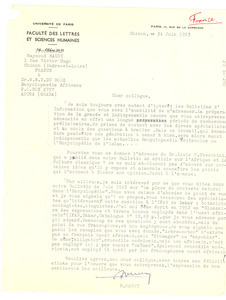 Letter from Université de Paris Faculté des lettres et sciences humaines to W. E. B. Du Bois