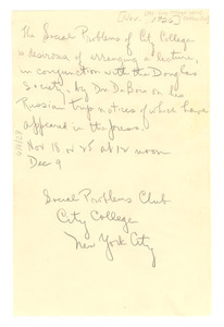 Letter from New York City College, Social Problems Club to W. E. B. Du Bois