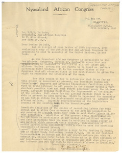 Letter from Nyasaland African Congress to W. E. B. Du Bois