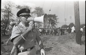 Antiwar demonstration at Fort Dix, N.J.: Army colonel with bullhorn