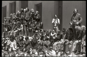 May Day demonstrations and street actions by the Justice Department: antiwar protesters seated by Department of Justice building