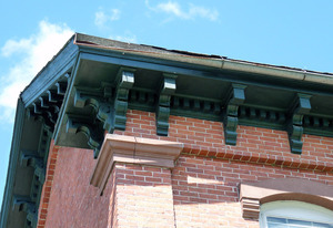 Cushman Library, Bernardston, Mass.: detail of roofline and cornices