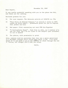 Correspondence from Lou Sullivan to Rupert Raj (November 30, 1987)
