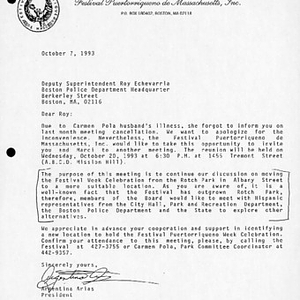 Letter from Argentina Arias, President of the Festival Puertorriqueño de Massachusetts, to Roy Echevarria, Deputy Superintendent of the Boston Police, about a site for the Festival