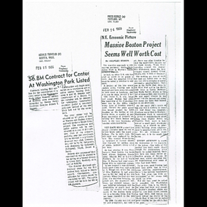 Photocopies of newspaper articles about construction contracts for civic center in Washington Park, and benefits of urban renewal in Washington Park