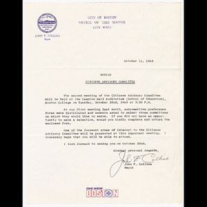 Letter from John F. Collins about attending Citizens Advisory Committee (CAC) meeting on October 22, 1963