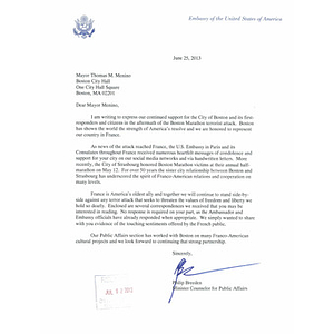 Letter to Boston Mayor Thomas Menino from the United States Embassy in Paris, France