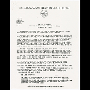 Shared statement from members of the Boston School Committee, November 23, 1992