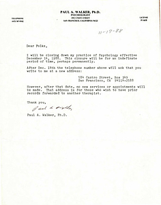 Correspondence from Paul Walker to Lou Sullivan (November 17, 1988)