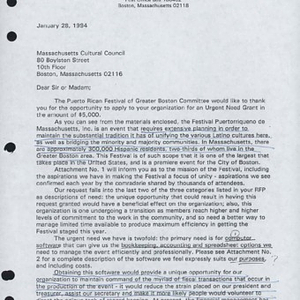 Annotated draft of letter from Carmen Ana Chico to the Massachusetts Cultural Council to apply for a grant to fund Festival Puertorriqueño preparations