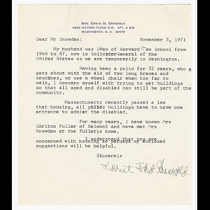 Letters from Harriet Ford Griswold to Mr. Snowden about building housing for disabled and elderly with brochure about making colleges accessible to handicapped students
